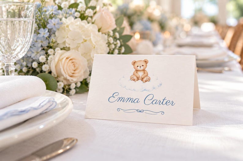 Baby Shower Name Tents, We Can Bearly Wait Teddy Bear Place Cards, Bear on a Cloud Luncheon Table Decor, Custom Printable Digital File image 1