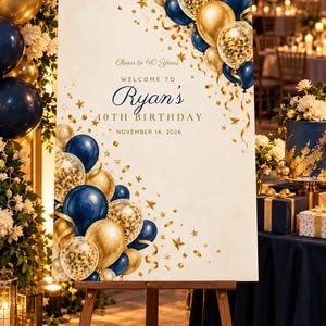Letrero de bienvenida de cumpleaños personalizado, Letrero ¡Brindemos por 40 años!, Decoración de cumpleaños con globos azul marino y dorados, Archivo digital imprimible de 24x36 imagen 1