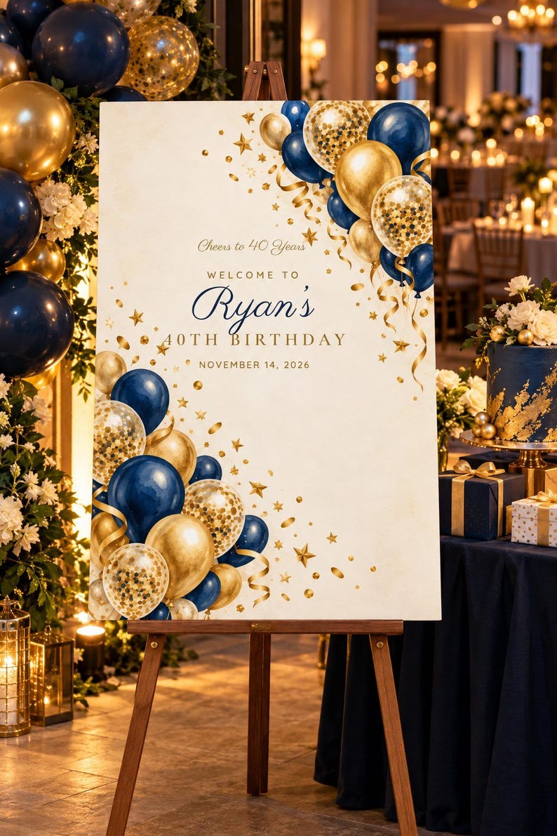 Letrero de bienvenida de cumpleaños personalizado, Letrero ¡Brindemos por 40 años!, Decoración de cumpleaños con globos azul marino y dorados, Archivo digital imprimible de 24x36 imagen 1