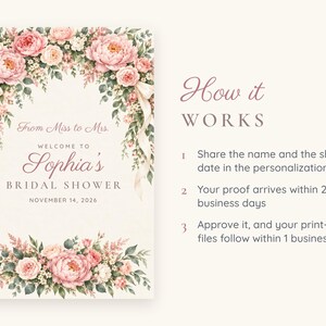 Custom Bridal Shower Welcome Sign, From Miss to Mrs Sign, Blush Peony Bridal Shower Decor, Printable 24x36 Digital File immagine 4