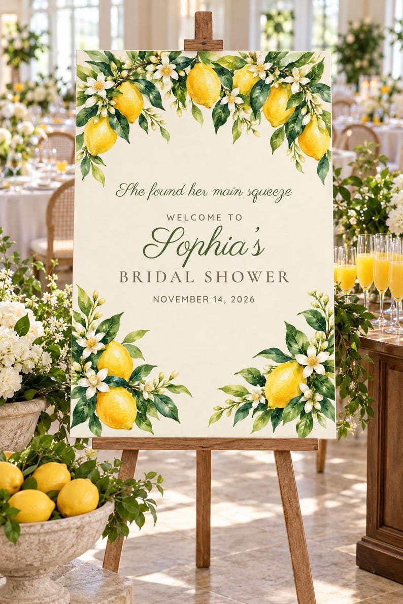 May include: A rectangular welcome sign for a bridal shower on a wooden easel, featuring watercolor illustrations of yellow lemons and white blossoms. The text reads: She found her main squeeze, WELCOME TO Sophia's BRIDAL SHOWER, NOVEMBER 14, 2026.