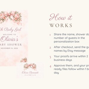 K&ouml;nnte beinhalten: Eine rosa Babyparty-Einladungsvorlage mit Blumenillustrationen, einer Schleife und dem Text: Oh Baby Girl WELCOME TO Olivia's BABY SHOWER NOVEMBER 14, 2026. Rechts sind Anweisungen unter der &Uuml;berschrift How it WORKS zur Personalisierung aufgef&uuml;hrt.