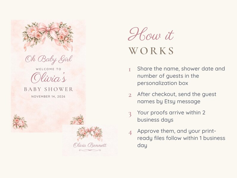 K&ouml;nnte beinhalten: Eine rosa Babyparty-Einladungsvorlage mit Blumenillustrationen, einer Schleife und dem Text: Oh Baby Girl WELCOME TO Olivia's BABY SHOWER NOVEMBER 14, 2026. Rechts sind Anweisungen unter der &Uuml;berschrift How it WORKS zur Personalisierung aufgef&uuml;hrt.