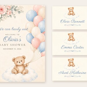 May include: A baby shower invitation and three place cards featuring a watercolor teddy bear sitting on a cloud, holding a bunch of pink, blue, and cream balloons. The text reads We can bearly wait, Welcome to Olivia's Baby Shower, November 14, 2026, Olivia Bennett, Emma Carter, and Aunt Katherine.