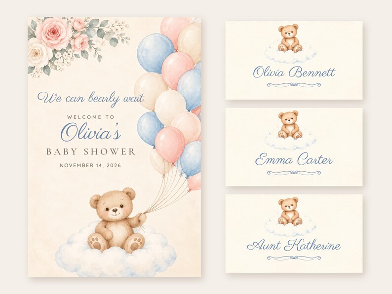 May include: A baby shower invitation and three place cards featuring a watercolor teddy bear sitting on a cloud, holding a bunch of pink, blue, and cream balloons. The text reads We can bearly wait, Welcome to Olivia's Baby Shower, November 14, 2026, Olivia Bennett, Emma Carter, and Aunt Katherine.