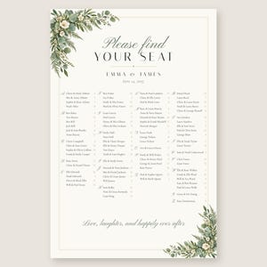 Custom Seating Chart Sign, Alphabetical Wedding Seating Chart, Greenery Find Your Seat Sign, Printable 24x36 Digital File image 2