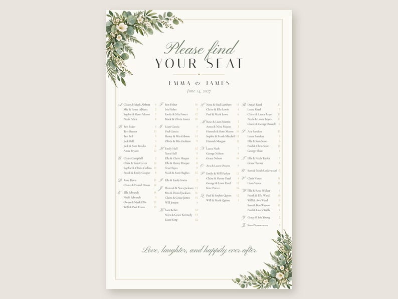 Custom Seating Chart Sign, Alphabetical Wedding Seating Chart, Greenery Find Your Seat Sign, Printable 24x36 Digital File image 2