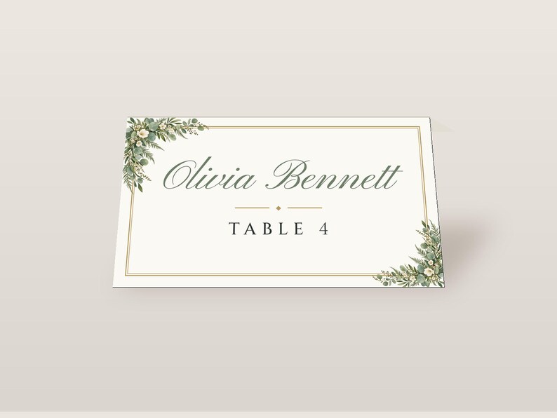 Custom Wedding Name Tents, Greenery Place Cards with Table Numbers, Eucalyptus Escort Cards, Printable Digital File image 2