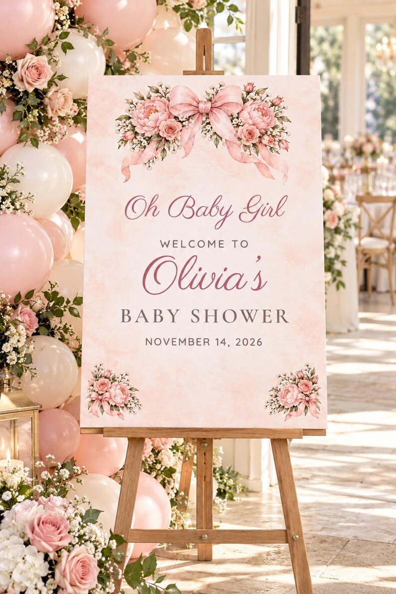 K&ouml;nnte beinhalten: Ein rechteckiges Willkommensschild f&uuml;r eine Babyparty auf einer Holzstaffelei mit zartrosa Aquarellhintergrund, Blumenstr&auml;u&szlig;en und einer gro&szlig;en rosa Schleife. Der Text lautet: Oh Baby Girl WELCOME TO Olivia's BABY SHOWER NOVEMBER 14, 2026.