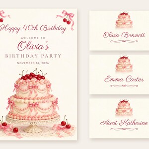 Birthday Welcome Sign and Name Tents Set, Happy 40th Birthday, Pink Vintage Cake Birthday Decor, Custom Printable Digital Files