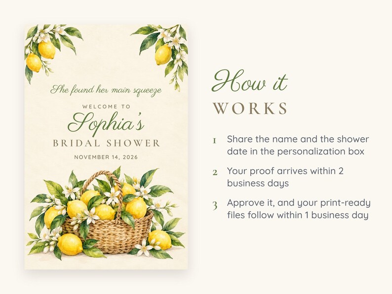 Custom Bridal Shower Welcome Sign, She Found Her Main Squeeze Lemon Sign, Lemon Basket Bridal Shower Decor, Printable 24x36 Digital File image 4