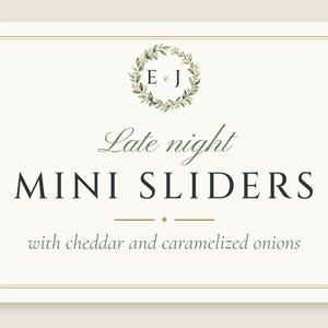 Gepersonaliseerd bordje voor een late avondsnack, monogram op een trouwetiket voor eten, snacklabel voor een krans, printbaar digitaal bestand van 5x3,5 inch. afbeelding 2