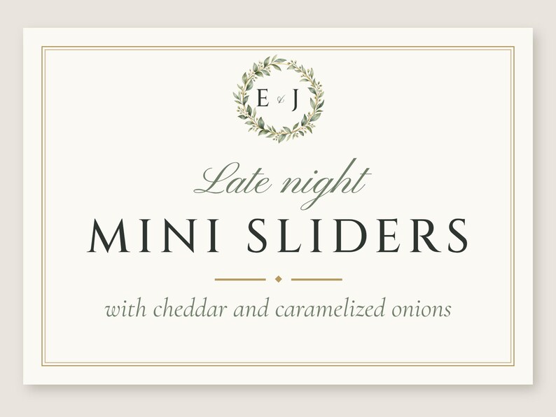 Gepersonaliseerd bordje voor een late avondsnack, monogram op een trouwetiket voor eten, snacklabel voor een krans, printbaar digitaal bestand van 5x3,5 inch. afbeelding 2
