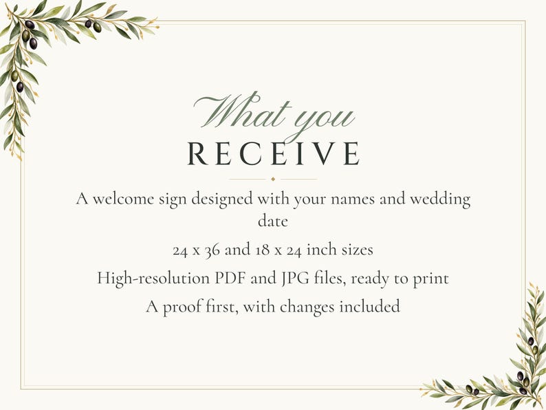 Custom Wedding Welcome Sign, Olive Branch Welcome Sign with Names and Date, Olive Leaf Wedding Sign, Printable 24x36 Digital File image 5