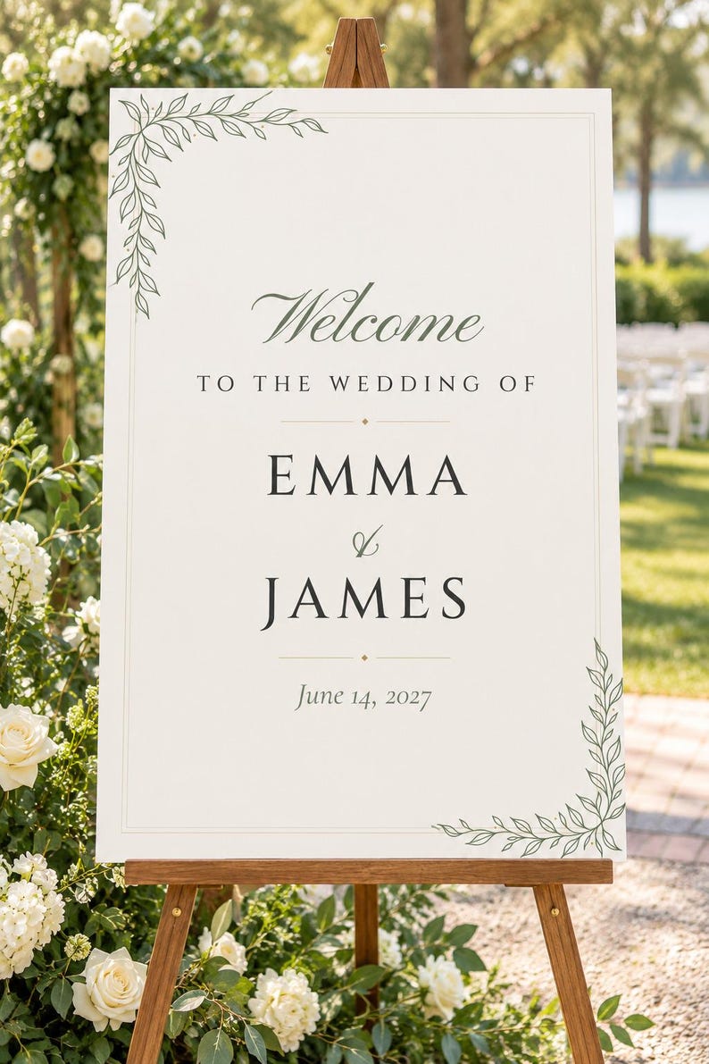 Custom Wedding Welcome Sign, Botanical Line Art Welcome Sign with Names and Date, Minimalist Wedding Sign, Printable 24x36 Digital File image 1