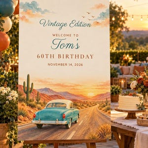 Letrero de bienvenida de cumpleaños personalizado, edición vintage, decoración de cumpleaños con diseño de coche retro, archivo digital imprimible de 24x36 pulgadas. imagen 1