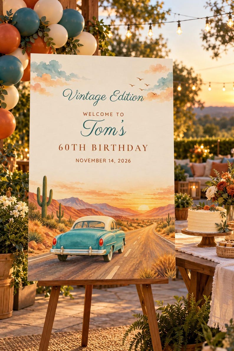 Letrero de bienvenida de cumpleaños personalizado, edición vintage, decoración de cumpleaños con diseño de coche retro, archivo digital imprimible de 24x36 pulgadas. imagen 1