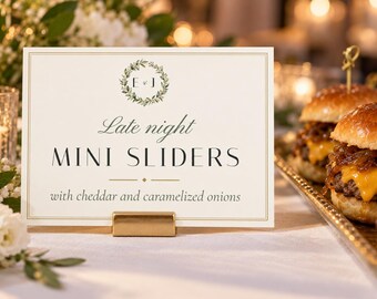 Custom Late Night Snack Sign, Monogram Wedding Food Label, Wreath Snack Tag, Printable 5x3.5 Digital File
