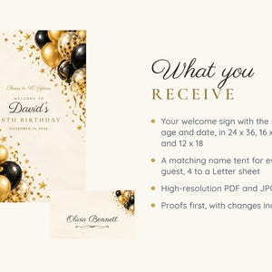 Birthday Welcome Sign and Name Tents Set, Cheers to 40 Years, Black and Gold Balloons Birthday Decor, Custom Printable Digital Files image 5