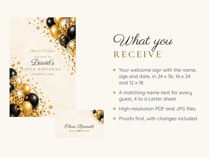 Birthday Welcome Sign and Name Tents Set, Cheers to 40 Years, Black and Gold Balloons Birthday Decor, Custom Printable Digital Files image 5