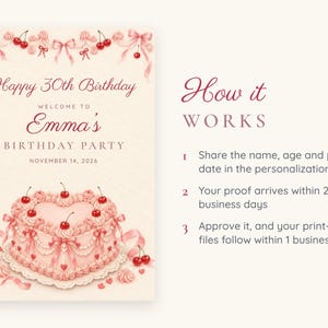 Custom Birthday Welcome Sign, Happy 30th Birthday Sign, Pink Heart Cake Birthday Decor, Printable 24x36 Digital File image 4