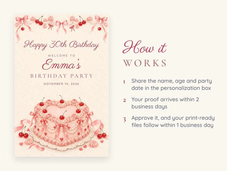 Custom Birthday Welcome Sign, Happy 30th Birthday Sign, Pink Heart Cake Birthday Decor, Printable 24x36 Digital File image 4