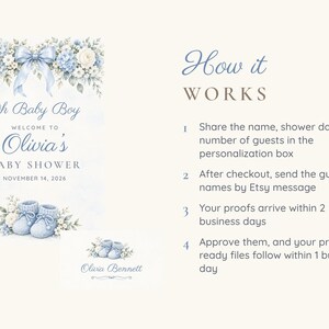 Pu&ograve; includere: Un modello di invito per baby shower con composizioni floreali blu e bianche, un fiocco azzurro e scarpine da neonato. Il testo include: How it WORKS, Oh Baby Boy, WELCOME TO Olivia's BABY SHOWER, NOVEMBER 14, 2026, e Olivia Bennett.