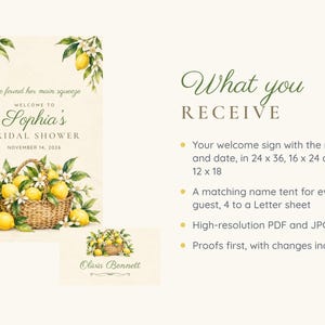 May include: A bridal shower welcome sign and name tent template featuring watercolor illustrations of yellow lemons, green leaves, and white blossoms in a woven basket. The text reads: She found her main squeeze, WELCOME TO Sophia's BRIDAL SHOWER, NOVEMBER 14, 2026, and Olivia Bennett.