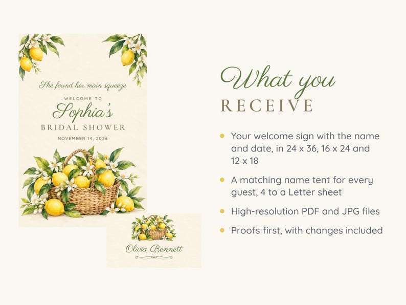 May include: A bridal shower welcome sign and name tent template featuring watercolor illustrations of yellow lemons, green leaves, and white blossoms in a woven basket. The text reads: She found her main squeeze, WELCOME TO Sophia's BRIDAL SHOWER, NOVEMBER 14, 2026, and Olivia Bennett.