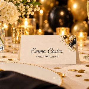 Birthday Welcome Sign and Name Tents Set, Cheers to 40 Years, Black and Gold Balloons Birthday Decor, Custom Printable Digital Files image 3