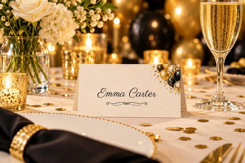 Birthday Welcome Sign and Name Tents Set, Cheers to 40 Years, Black and Gold Balloons Birthday Decor, Custom Printable Digital Files image 3
