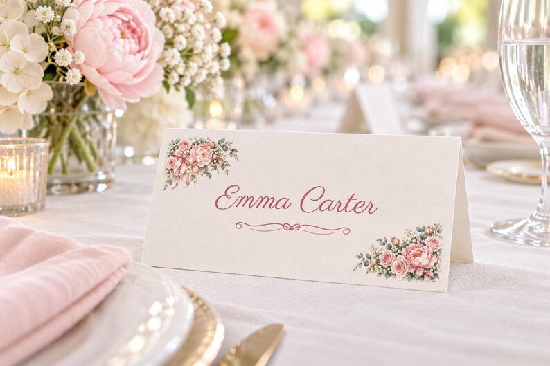 May include: A white folded place card featuring a floral illustration of pink peonies and green leaves in the top-left and bottom-right corners. The name Emma Carter is printed in a pink cursive script in the center with a decorative line.