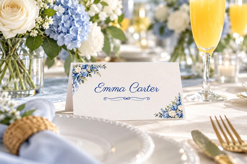 Bridal Shower Name Tents, Something Blue Floral Place Cards, Blue Floral Corner Luncheon Table Decor, Custom Printable Digital File image 1