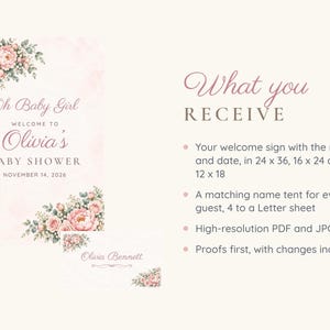 Baby Shower Welcome Sign and Name Tents Set, Oh Baby Girl Pink Bow, Floral Corner Shower Decor, Custom Printable Digital Files image 5