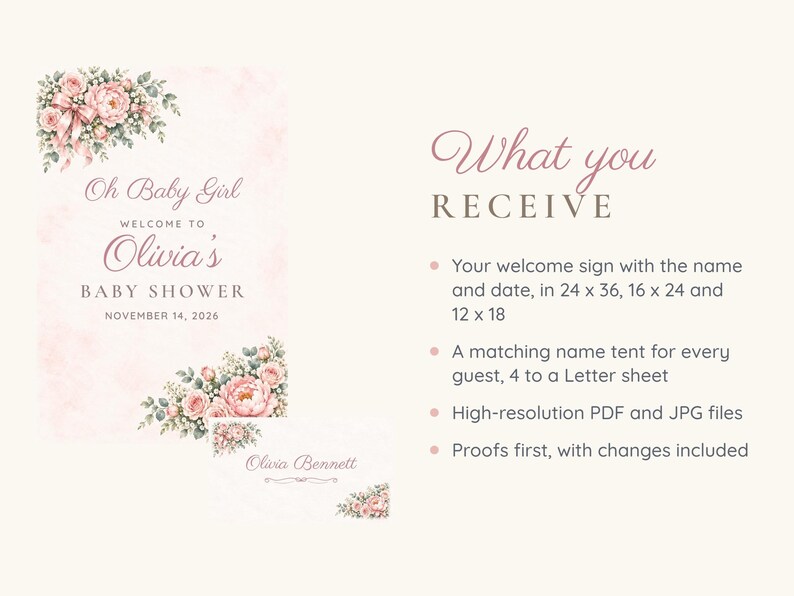 Baby Shower Welcome Sign and Name Tents Set, Oh Baby Girl Pink Bow, Floral Corner Shower Decor, Custom Printable Digital Files image 5