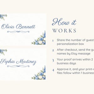 Bridal Shower Name Tents, Something Blue Floral Place Cards, Blue Floral Corner Luncheon Table Decor, Custom Printable Digital File image 4