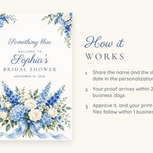 Custom Bridal Shower Welcome Sign, Something Blue Floral Sign, Blue Bouquet Bridal Shower Decor, Printable 24x36 Digital File image 4