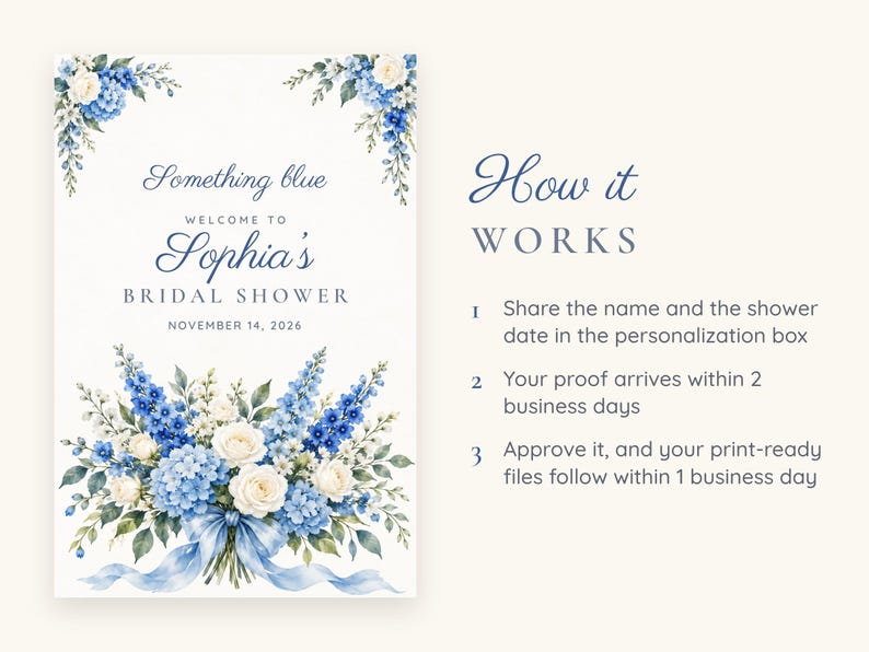 Custom Bridal Shower Welcome Sign, Something Blue Floral Sign, Blue Bouquet Bridal Shower Decor, Printable 24x36 Digital File image 4