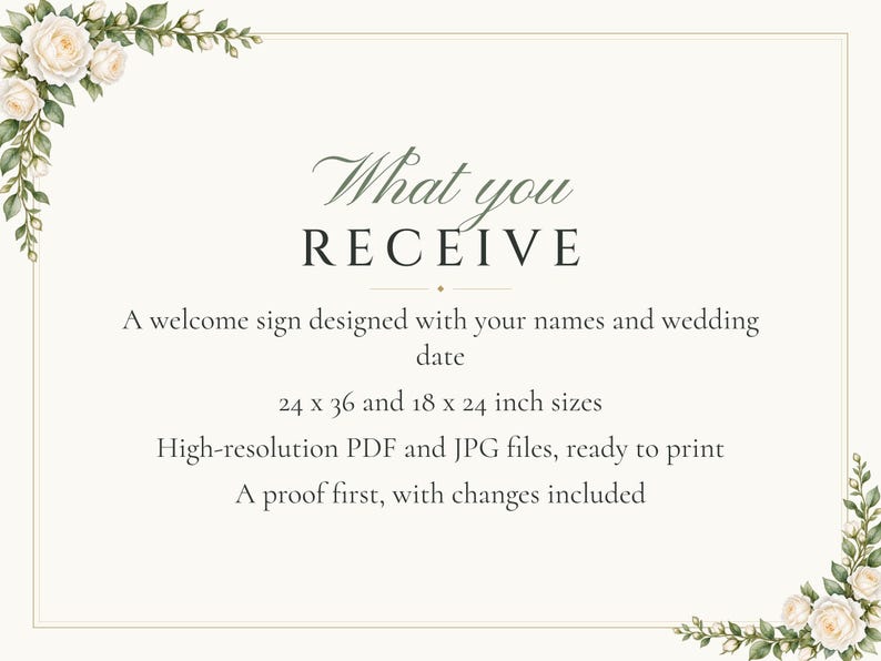 Custom Wedding Welcome Sign, White Rose Welcome Sign with Names and Date, Garden Rose Wedding Sign, Printable 24x36 Digital File image 5