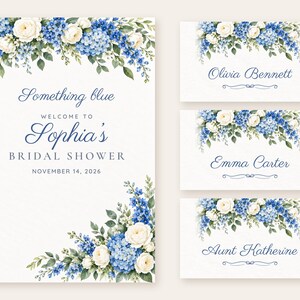 Bridal Shower Welcome Sign and Name Tents Set, Something Blue, Blue Hydrangea Bridal Shower Decor, Custom Printable Digital Files image 1