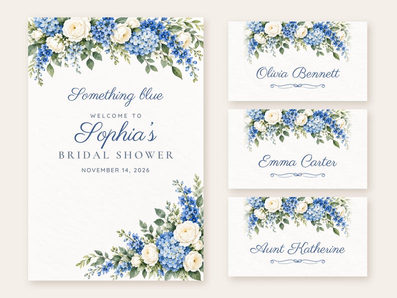 Bridal Shower Welcome Sign and Name Tents Set, Something Blue, Blue Hydrangea Bridal Shower Decor, Custom Printable Digital Files image 1