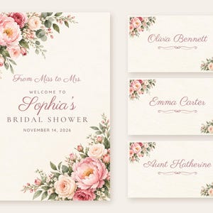 Bridal Shower Welcome Sign and Name Tents Set, From Miss to Mrs, Peony Corner Bridal Shower Decor, Custom Printable Digital Files image 1