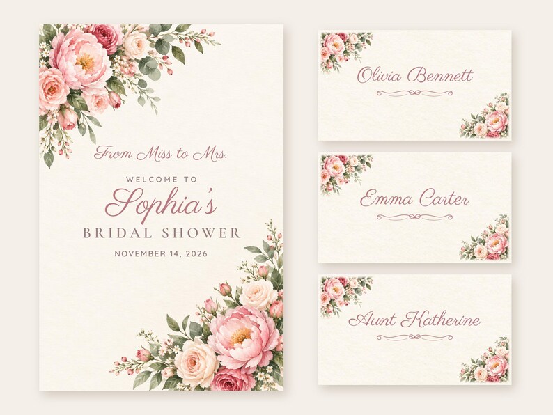 Bridal Shower Welcome Sign and Name Tents Set, From Miss to Mrs, Peony Corner Bridal Shower Decor, Custom Printable Digital Files image 1