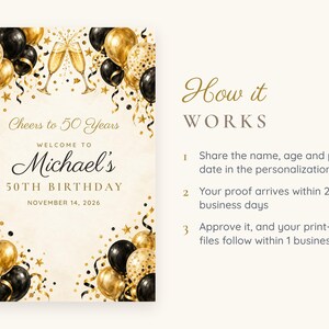 Custom Birthday Welcome Sign, Cheers to 50 Years Sign, Black and Gold Balloon Birthday Decor, Printable 24x36 Digital File image 4
