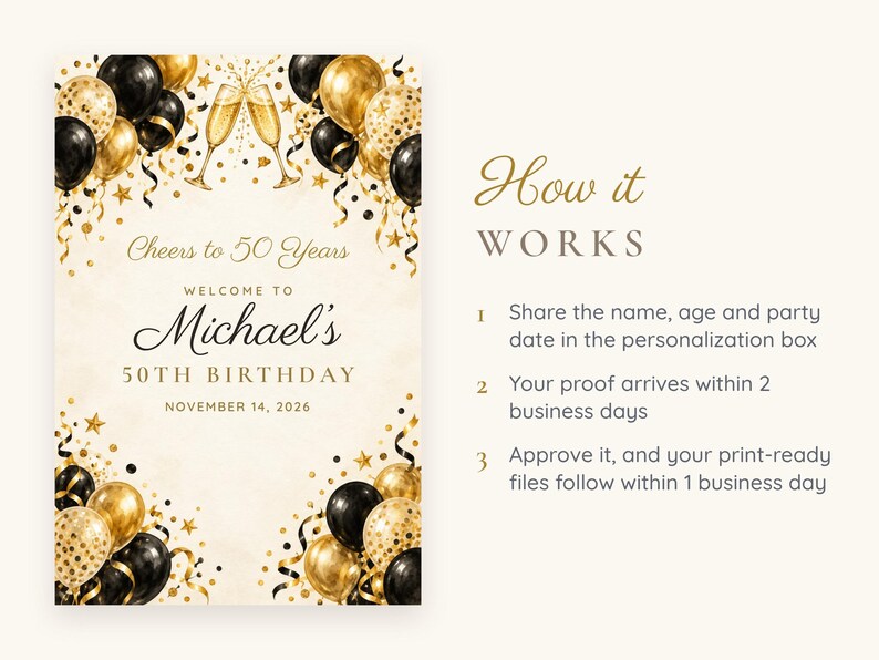 Custom Birthday Welcome Sign, Cheers to 50 Years Sign, Black and Gold Balloon Birthday Decor, Printable 24x36 Digital File image 4