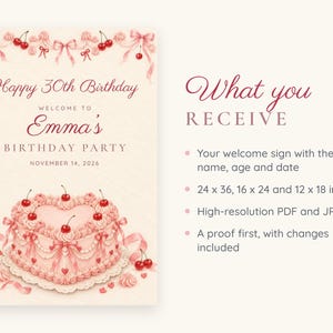 Custom Birthday Welcome Sign, Happy 30th Birthday Sign, Pink Heart Cake Birthday Decor, Printable 24x36 Digital File image 5