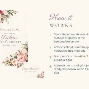 Bridal Shower Welcome Sign and Name Tents Set, From Miss to Mrs, Peony Corner Bridal Shower Decor, Custom Printable Digital Files image 4