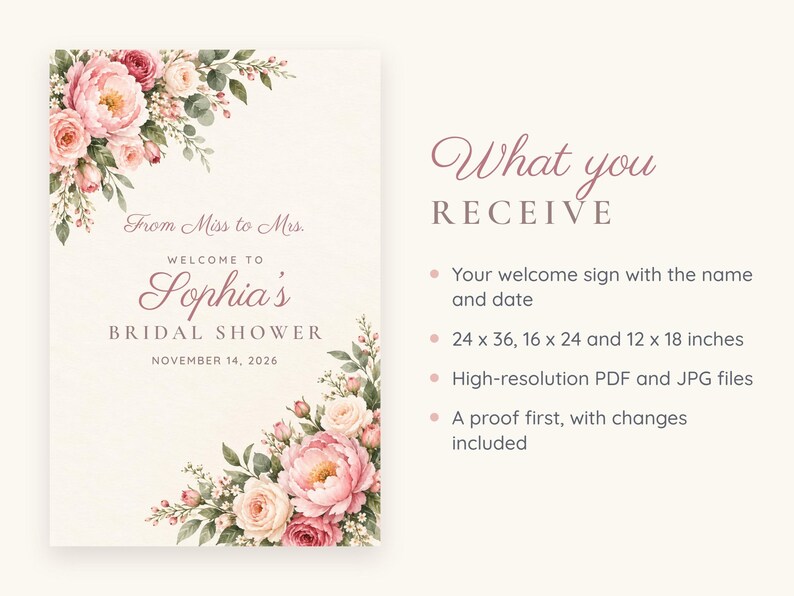 Op de afbeelding: Een welkomstbord voor een bruidsdouche met roze en cr&egrave;mekleurige pioenrozen en groen blad. De tekst luidt: From Miss to Mrs. WELCOME TO Sophia's BRIDAL SHOWER NOVEMBER 14, 2026. Rechts staat: What you RECEIVE, formaten 24x36, 16x24, 12x18 inch.