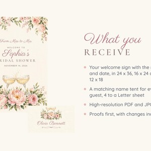 Letrero de bienvenida y etiquetas para nombres para despedida de soltera, De señorita a señora, Brindis con champán, Decoración para despedida de soltera, Archivos digitales imprimibles personalizados imagen 5