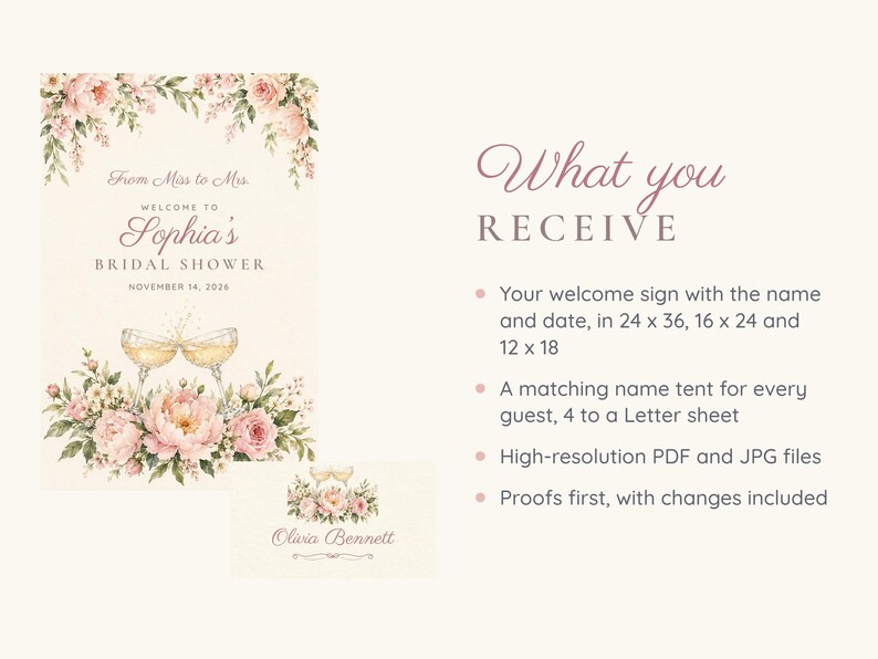 Letrero de bienvenida y etiquetas para nombres para despedida de soltera, De señorita a señora, Brindis con champán, Decoración para despedida de soltera, Archivos digitales imprimibles personalizados imagen 5